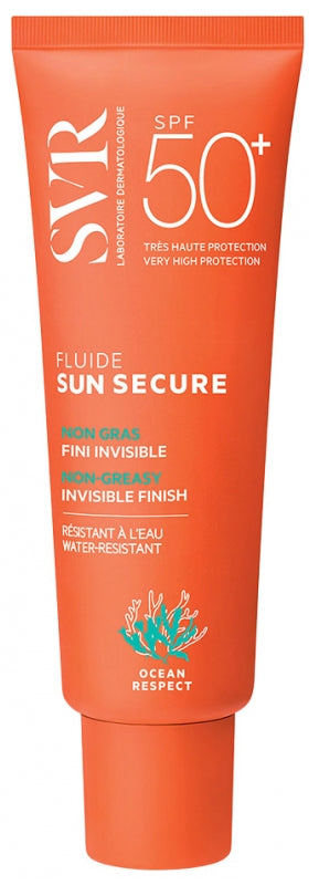 Tube of SVR Sun Secure sunscreen fluid with SPF 50+ on a white background